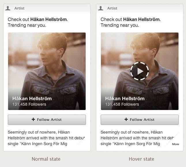 Detail of an item in the Spotify Discover feature. When hovering, the "More" link is shown