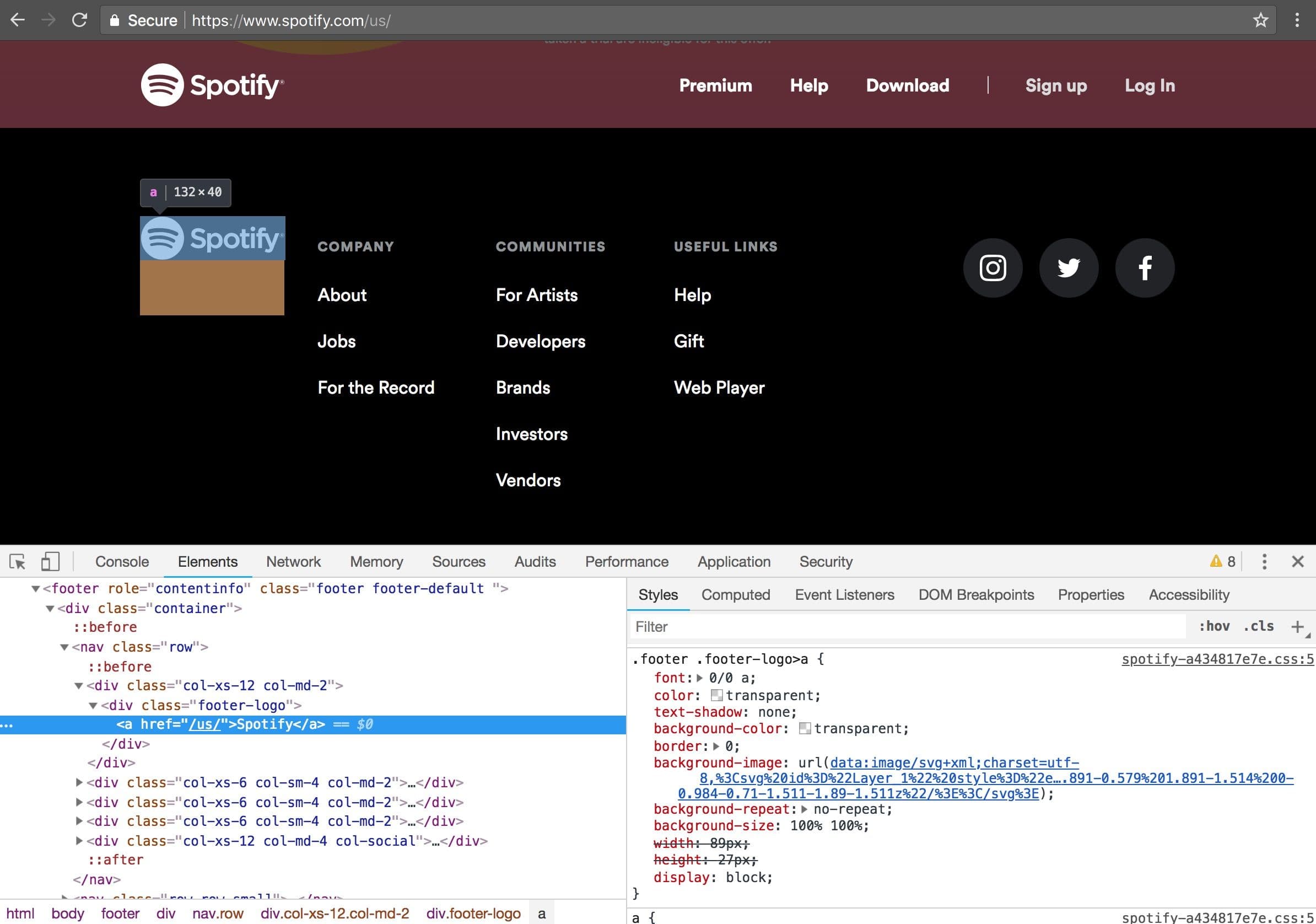 Inspecting the Spotify logo in the footer