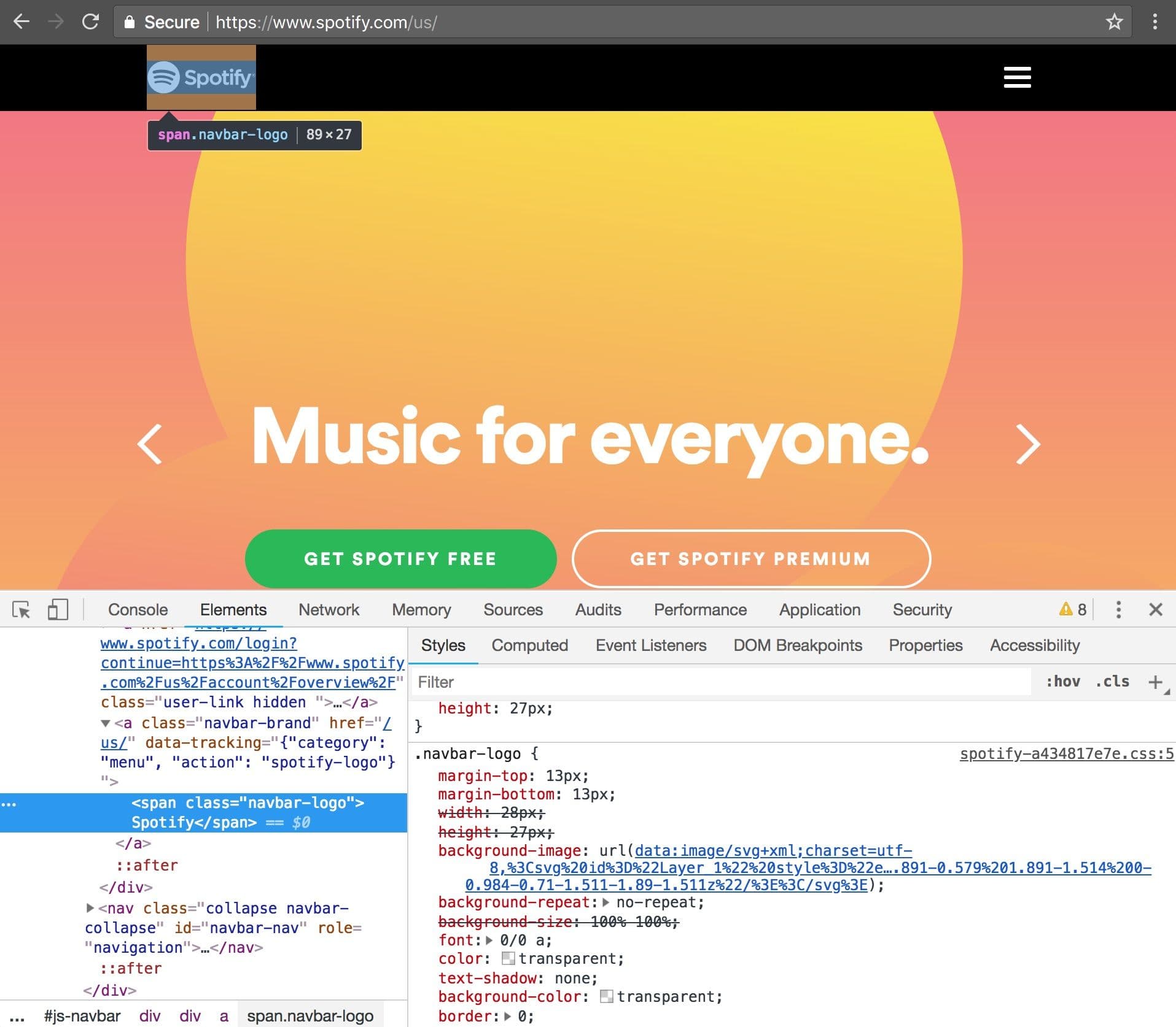 Inspecting the Spotify logo in the header