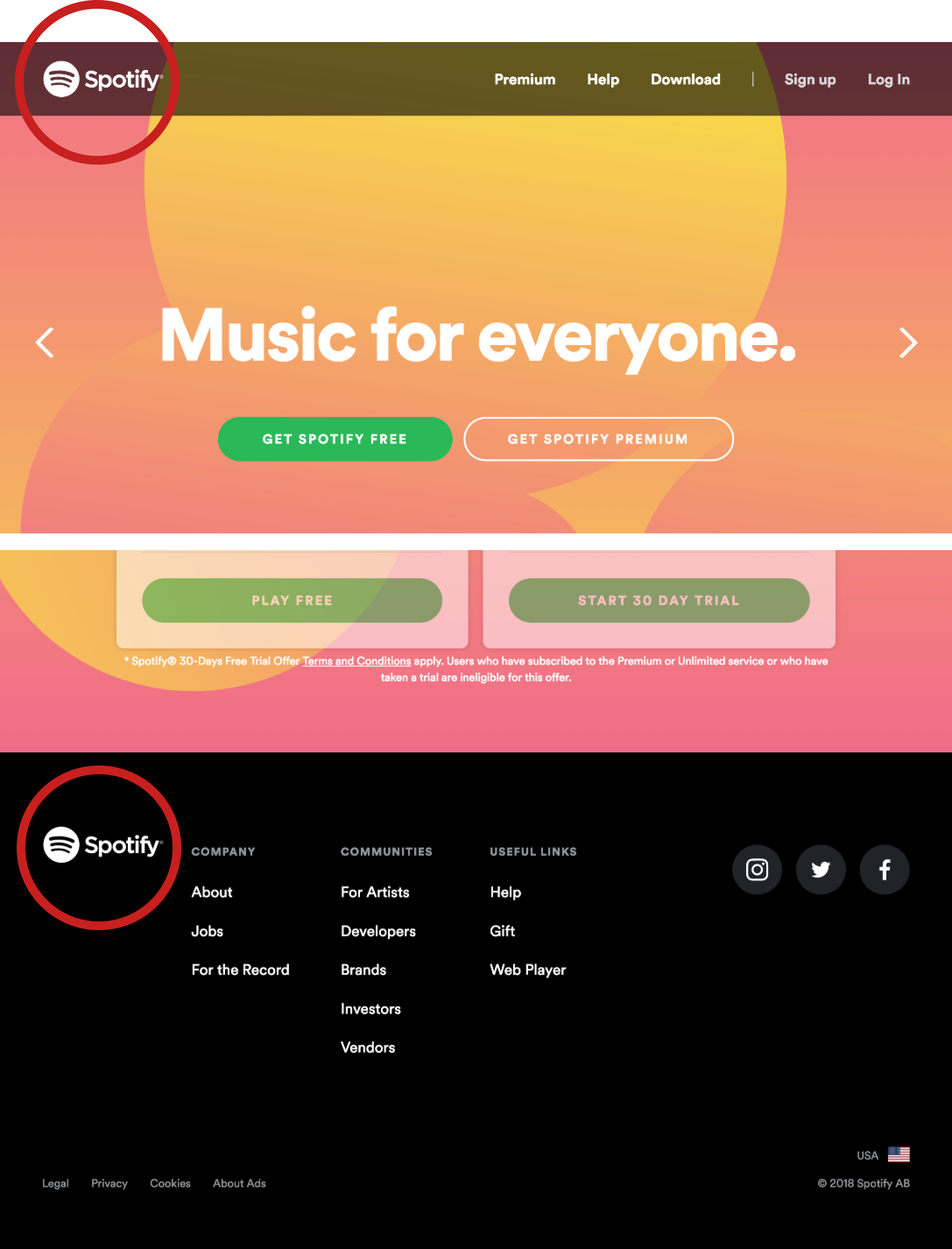 Spotify's home page on www.spotify.com. The logo is shown in the header and the footer