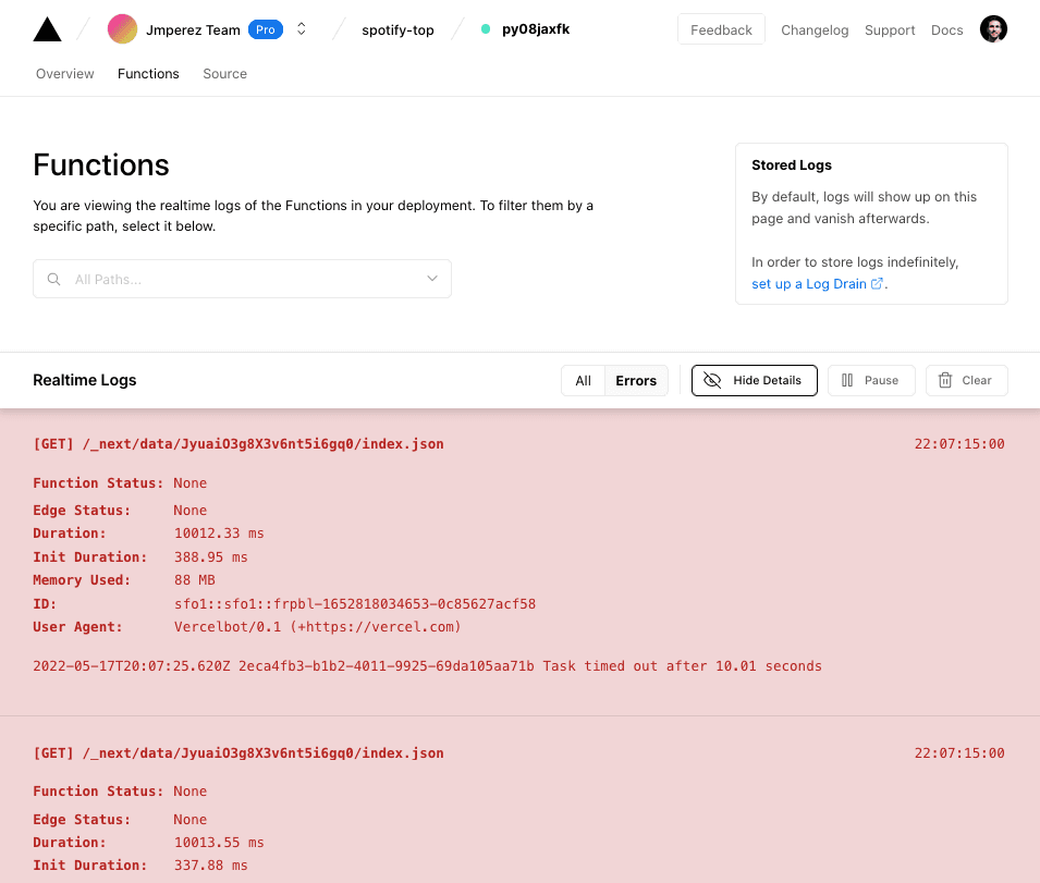 Realtime logs for deployed functions on Vercel